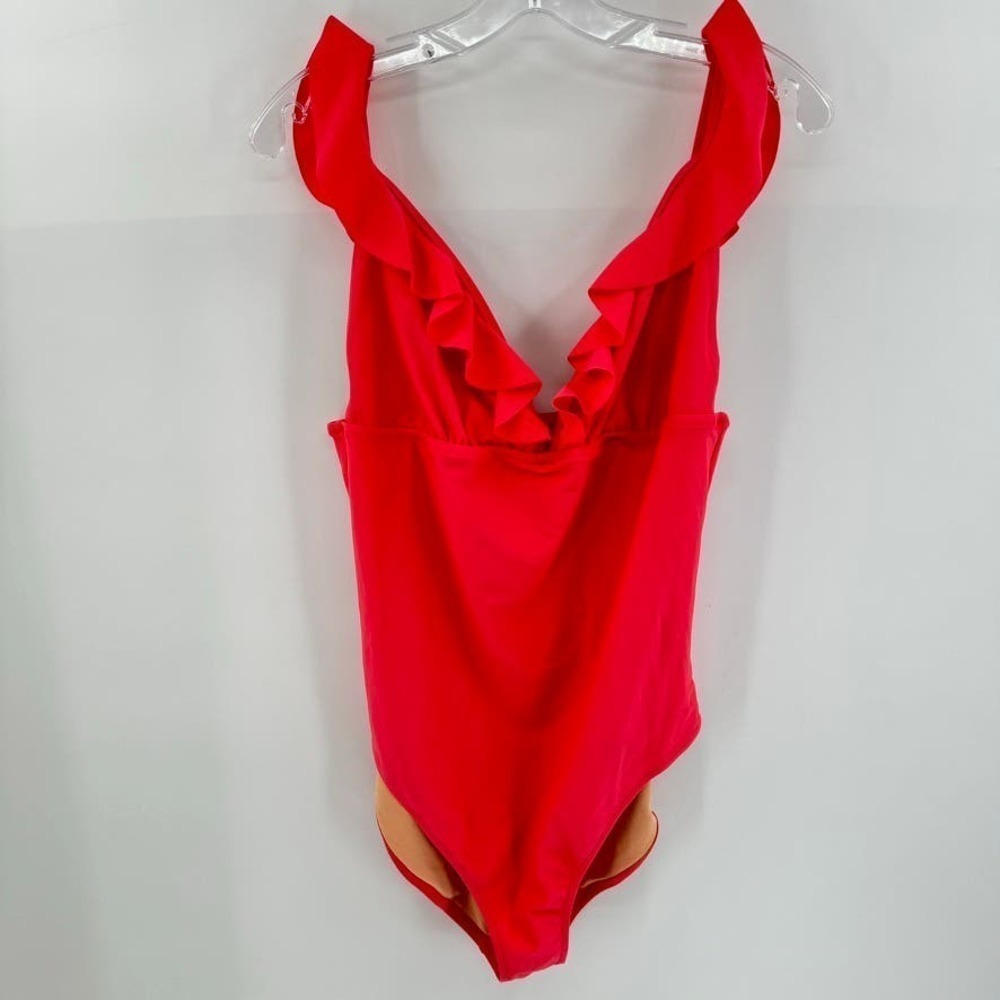 J. Crew One Piece Swimsuit Ruffle Sz XL V-Neck Pink Coral Geranium
